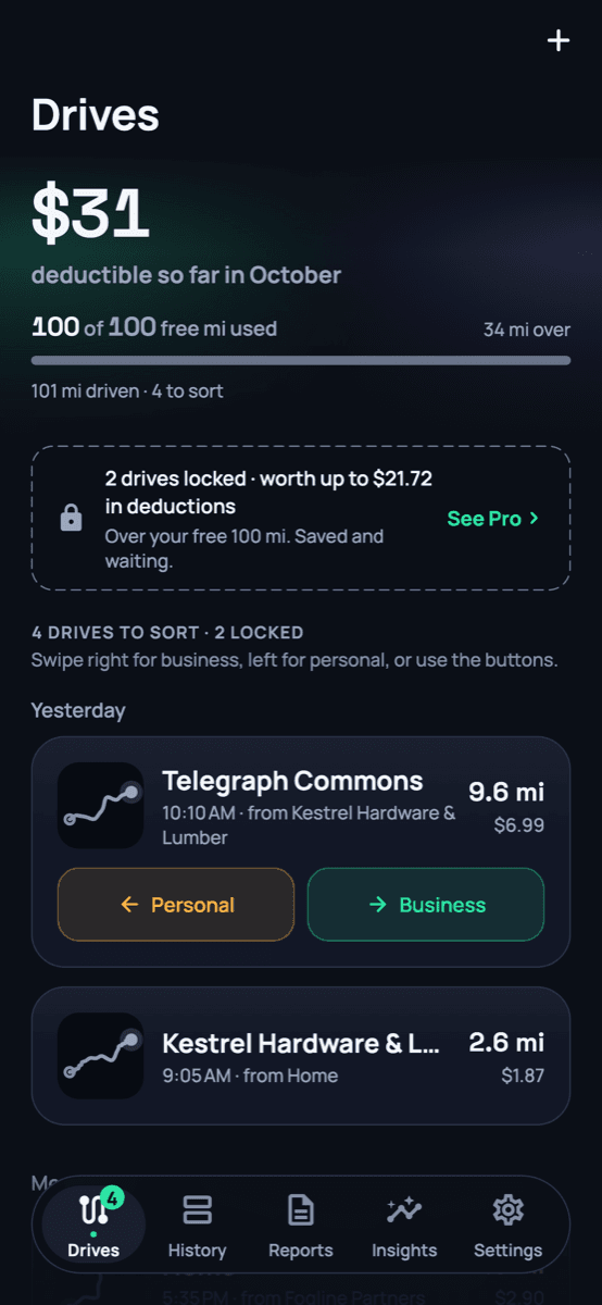 Backmiles drives feed showing $31 deductible so far in October, with drives to sort (demo data)